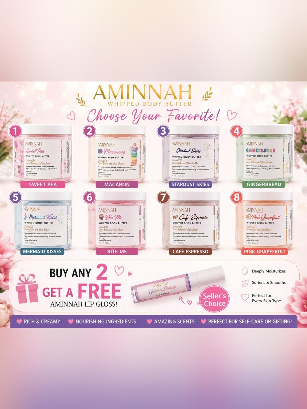 ✨️ Aminnah Whipped Body Butter | Choose Your Favorite Scent | Buy 2, Get a FREE